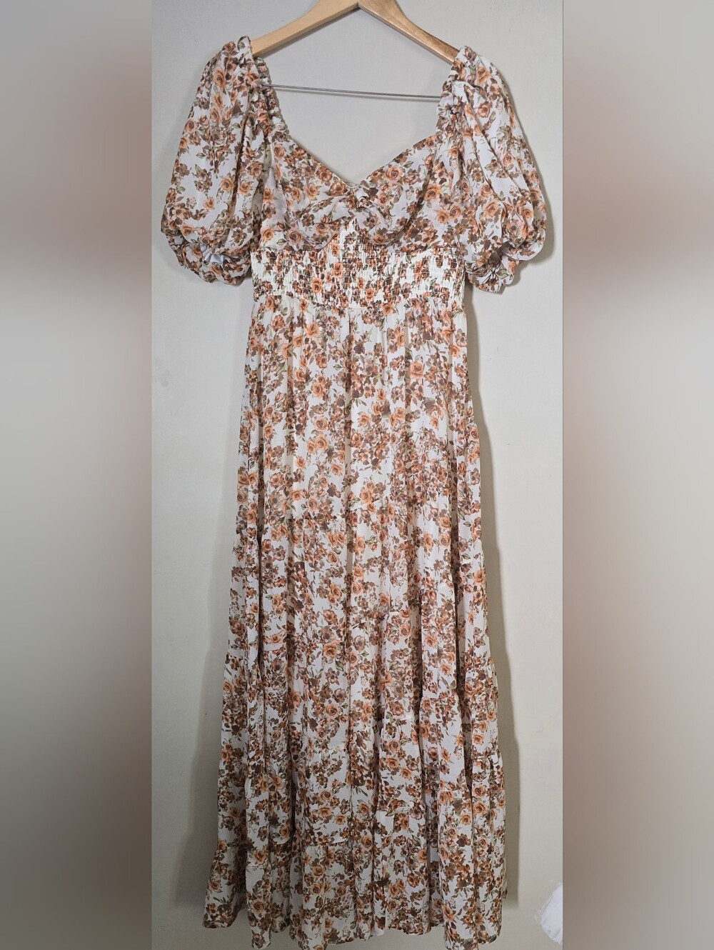 Altar'd State White Maxi Dress with Brown Floral Print